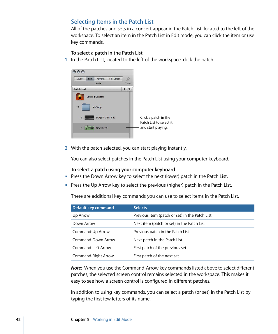 Selecting items in the patch list | Apple MainStage 2 User Manual | Page 42 / 172