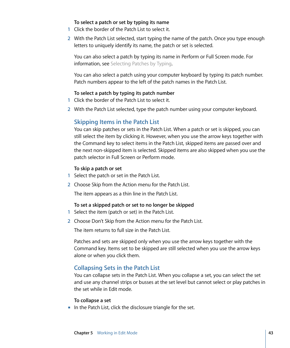 Skipping items in the patch list, Collapsing sets in the patch list | Apple MainStage 2 User Manual | Page 43 / 172