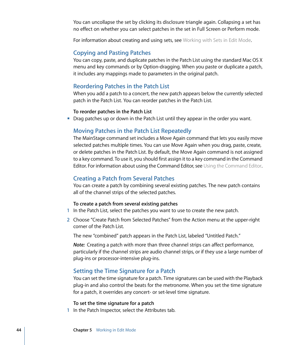 Copying and pasting patches, Reordering patches in the patch list, Moving patches in the patch list repeatedly | Creating a patch from several patches, Setting the time signature for a patch | Apple MainStage 2 User Manual | Page 44 / 172
