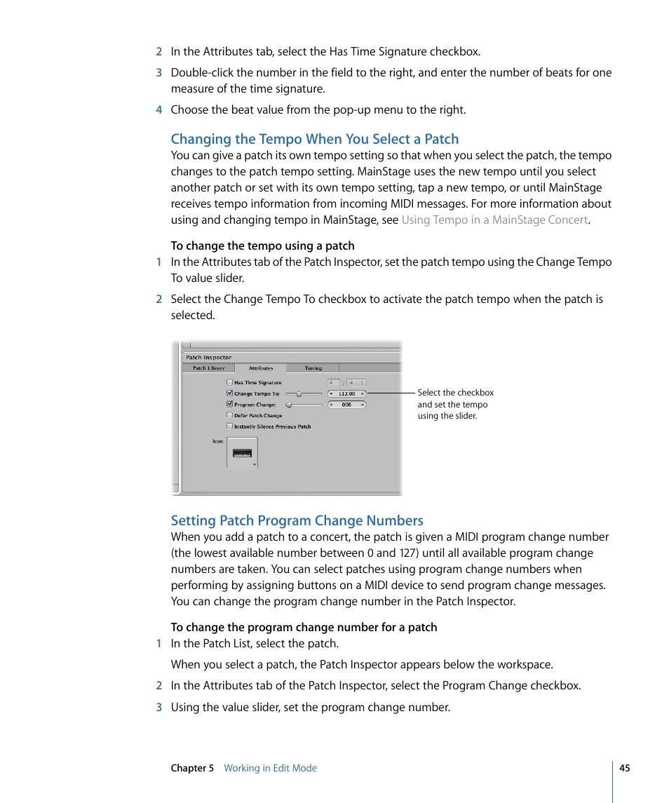 Changing the tempo when you select a patch, Setting patch program change numbers | Apple MainStage 2 User Manual | Page 45 / 172
