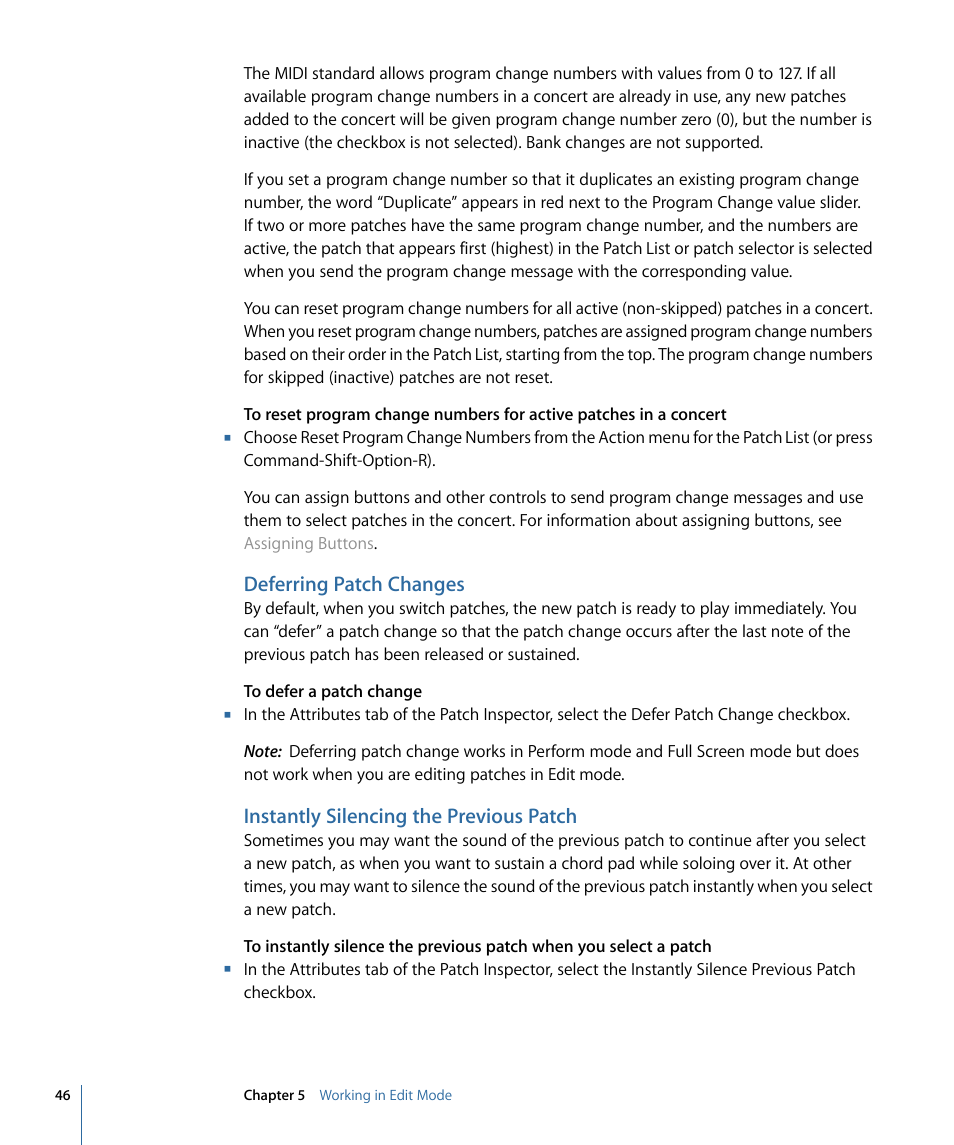 Deferring patch changes, Instantly silencing the previous patch | Apple MainStage 2 User Manual | Page 46 / 172