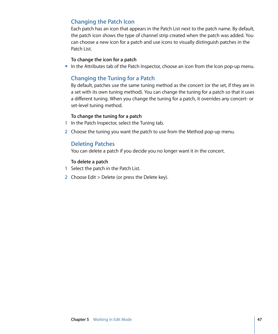 Changing the patch icon, Changing the tuning for a patch, Deleting patches | Apple MainStage 2 User Manual | Page 47 / 172
