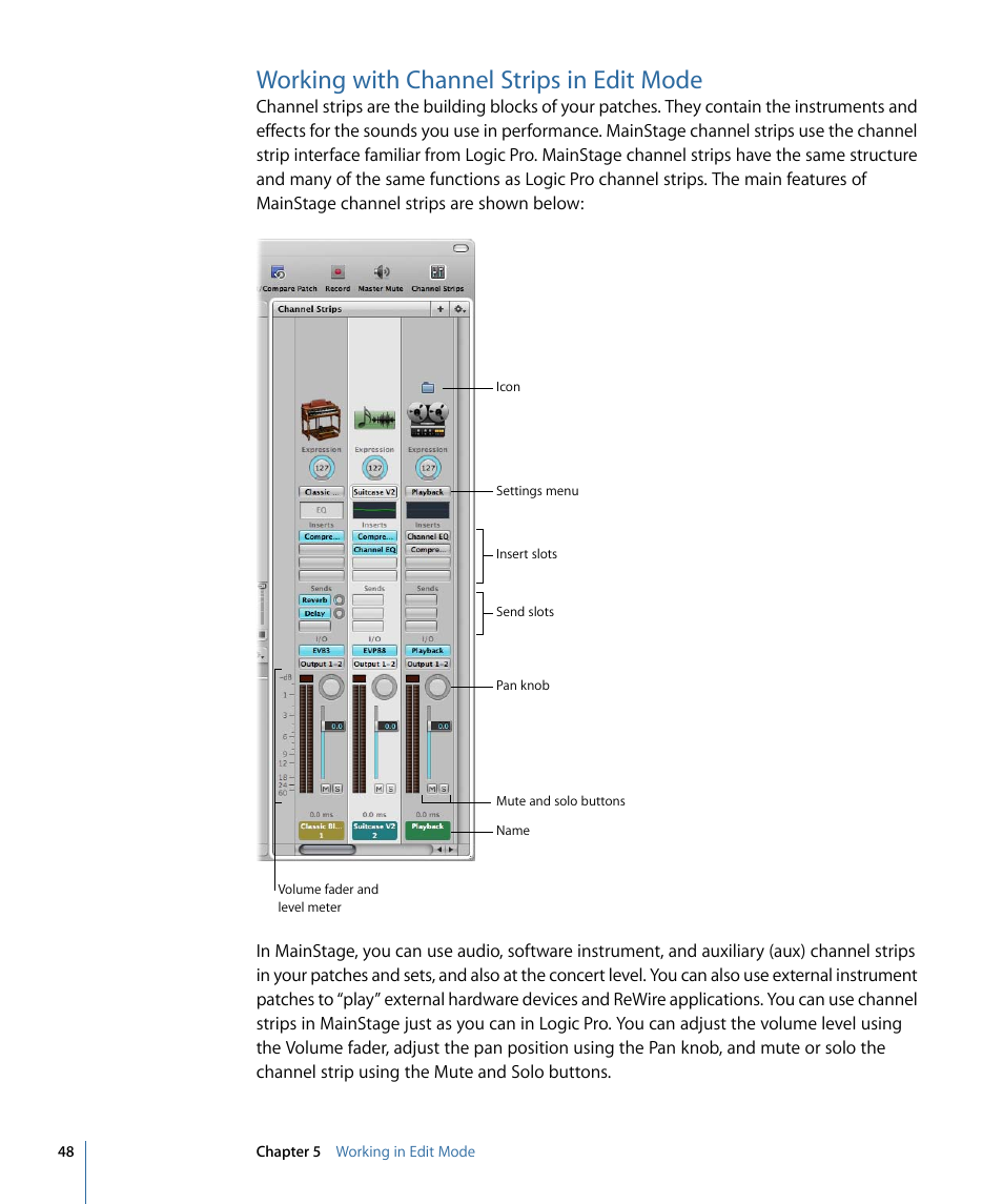 Working with channel strips in edit mode | Apple MainStage 2 User Manual | Page 48 / 172