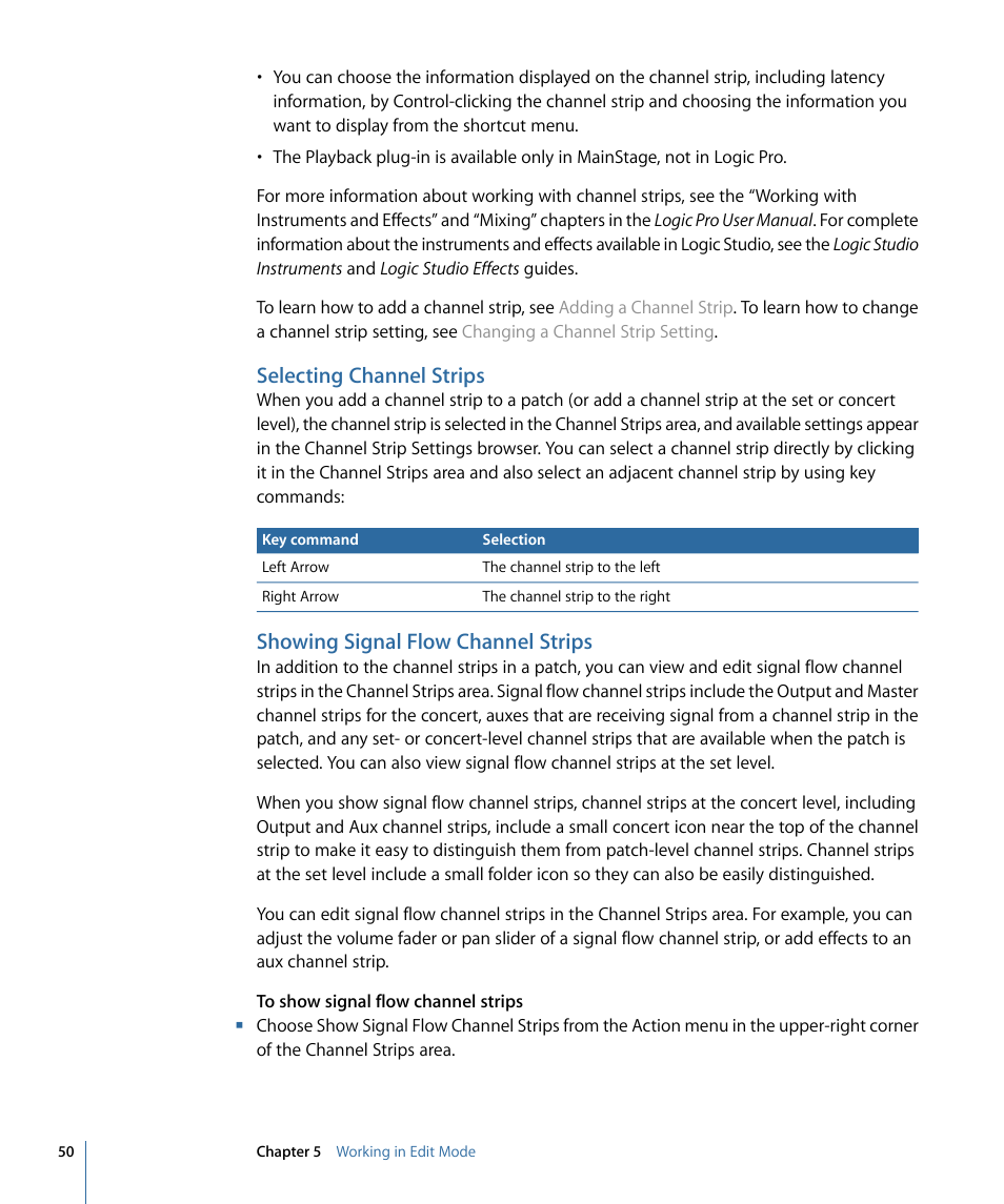Selecting channel strips, Showing signal flow channel strips | Apple MainStage 2 User Manual | Page 50 / 172