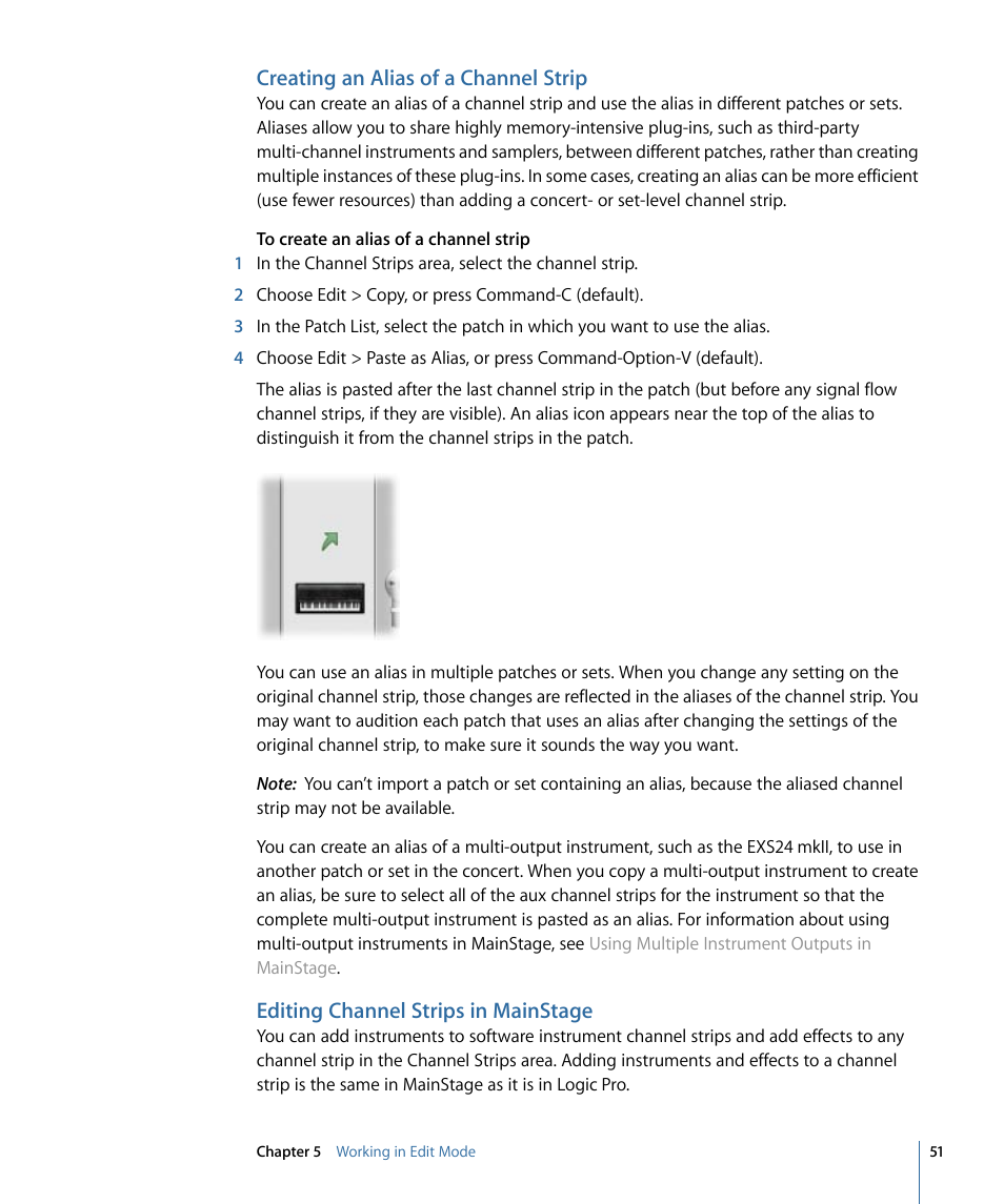 Creating an alias of a channel strip, Editing channel strips in mainstage | Apple MainStage 2 User Manual | Page 51 / 172