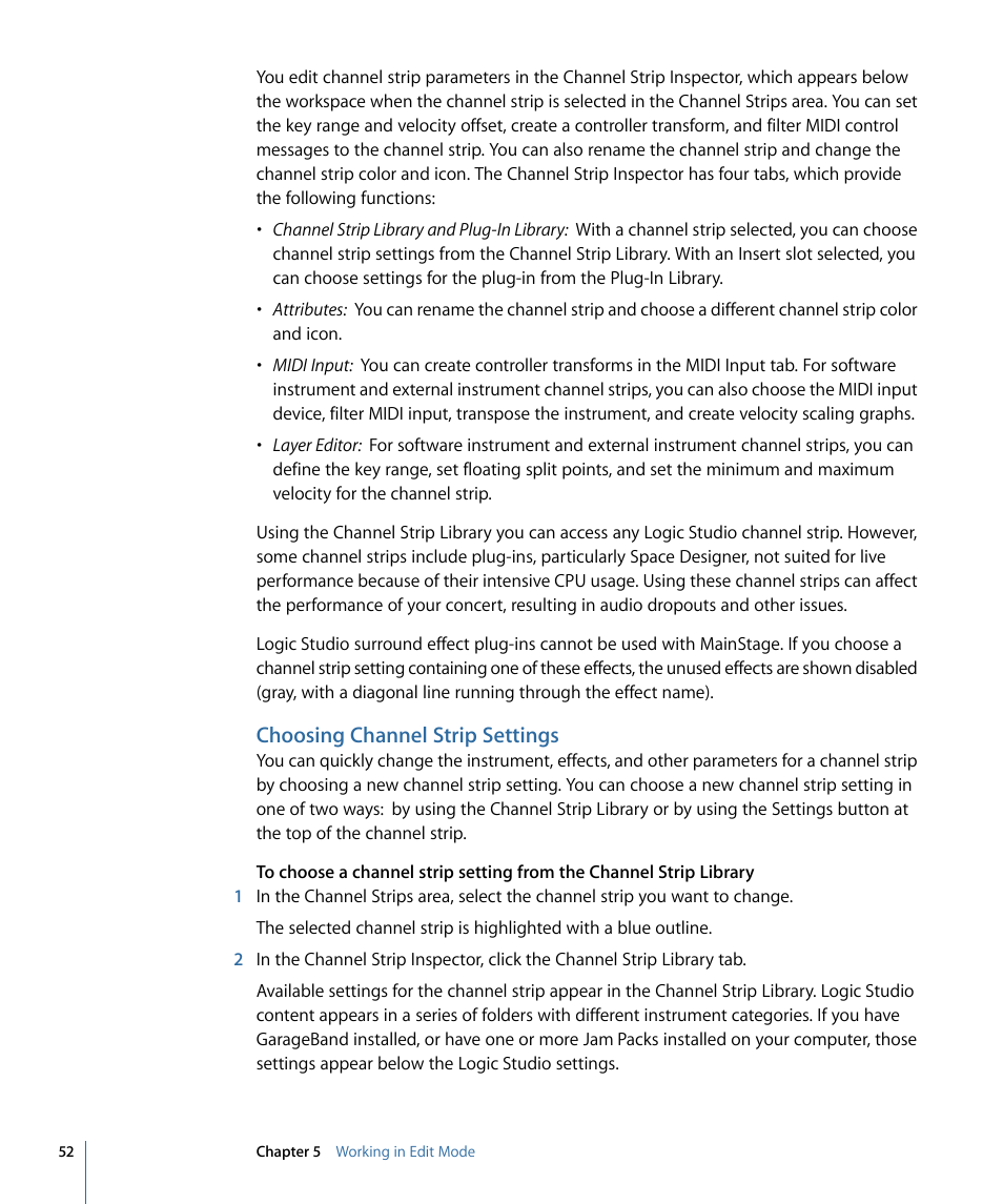 Choosing channel strip settings | Apple MainStage 2 User Manual | Page 52 / 172