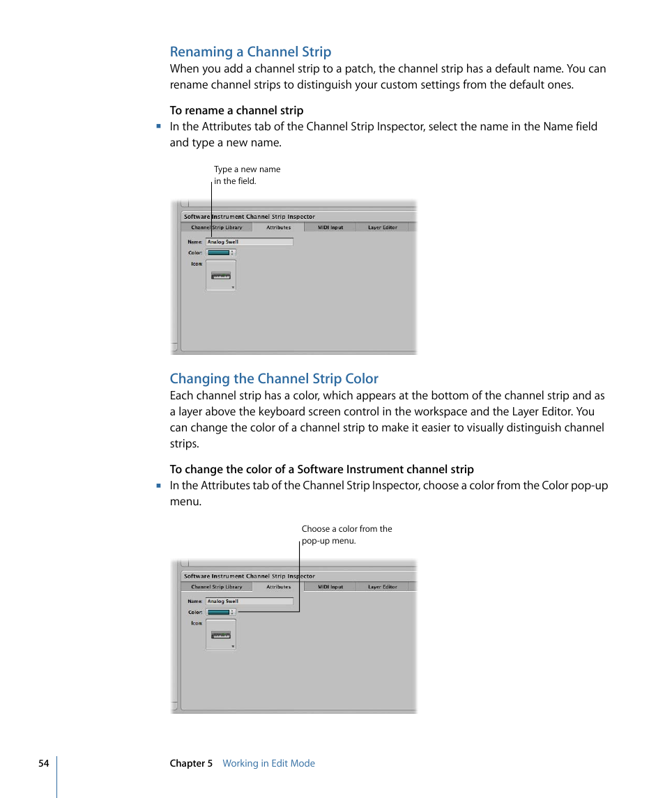 Renaming a channel strip, Changing the channel strip color | Apple MainStage 2 User Manual | Page 54 / 172