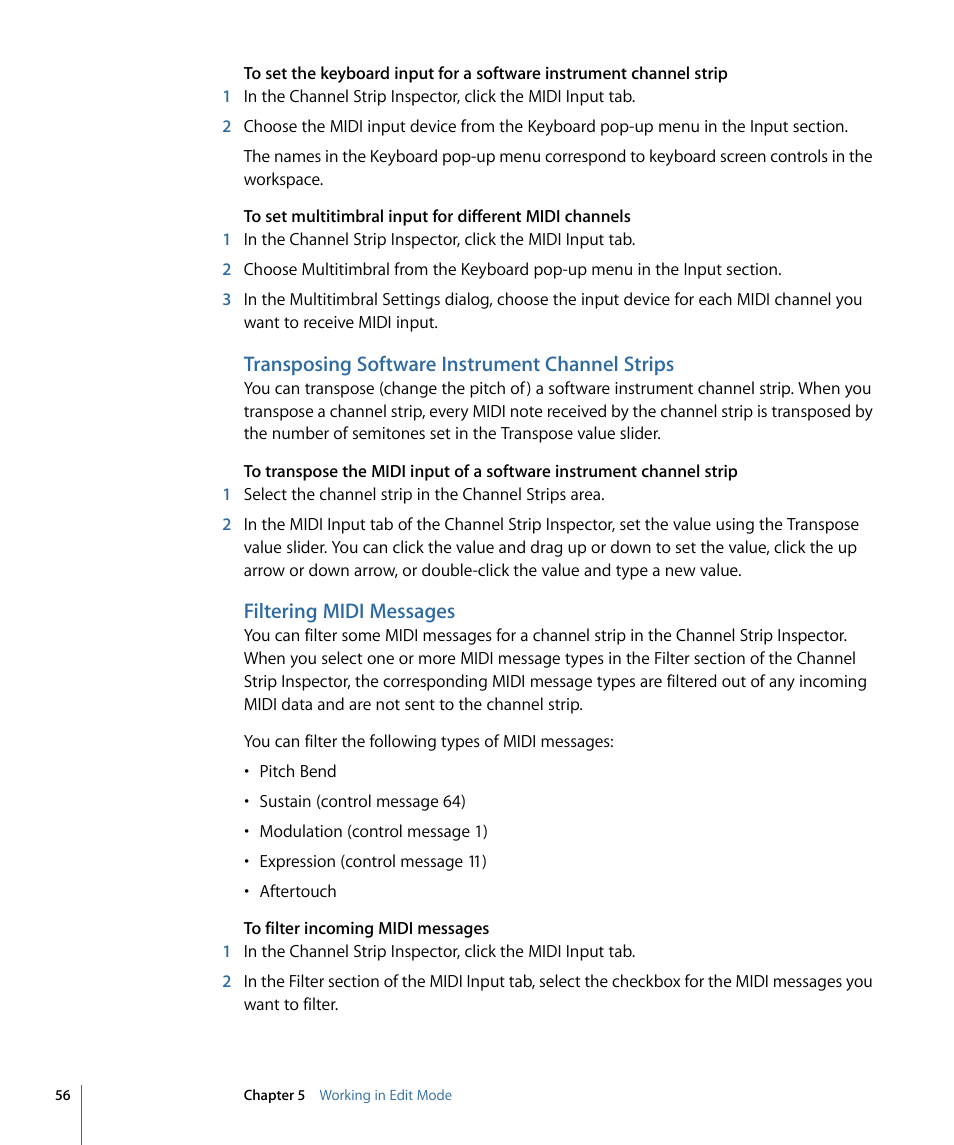 Transposing software instrument channel strips, Filtering midi messages | Apple MainStage 2 User Manual | Page 56 / 172