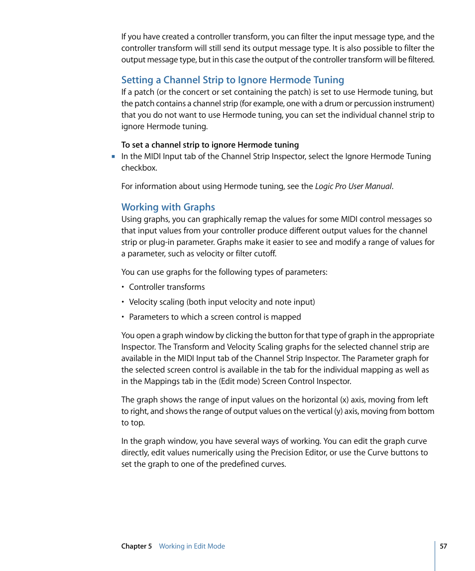 Setting a channel strip to ignore hermode tuning, Working with graphs | Apple MainStage 2 User Manual | Page 57 / 172