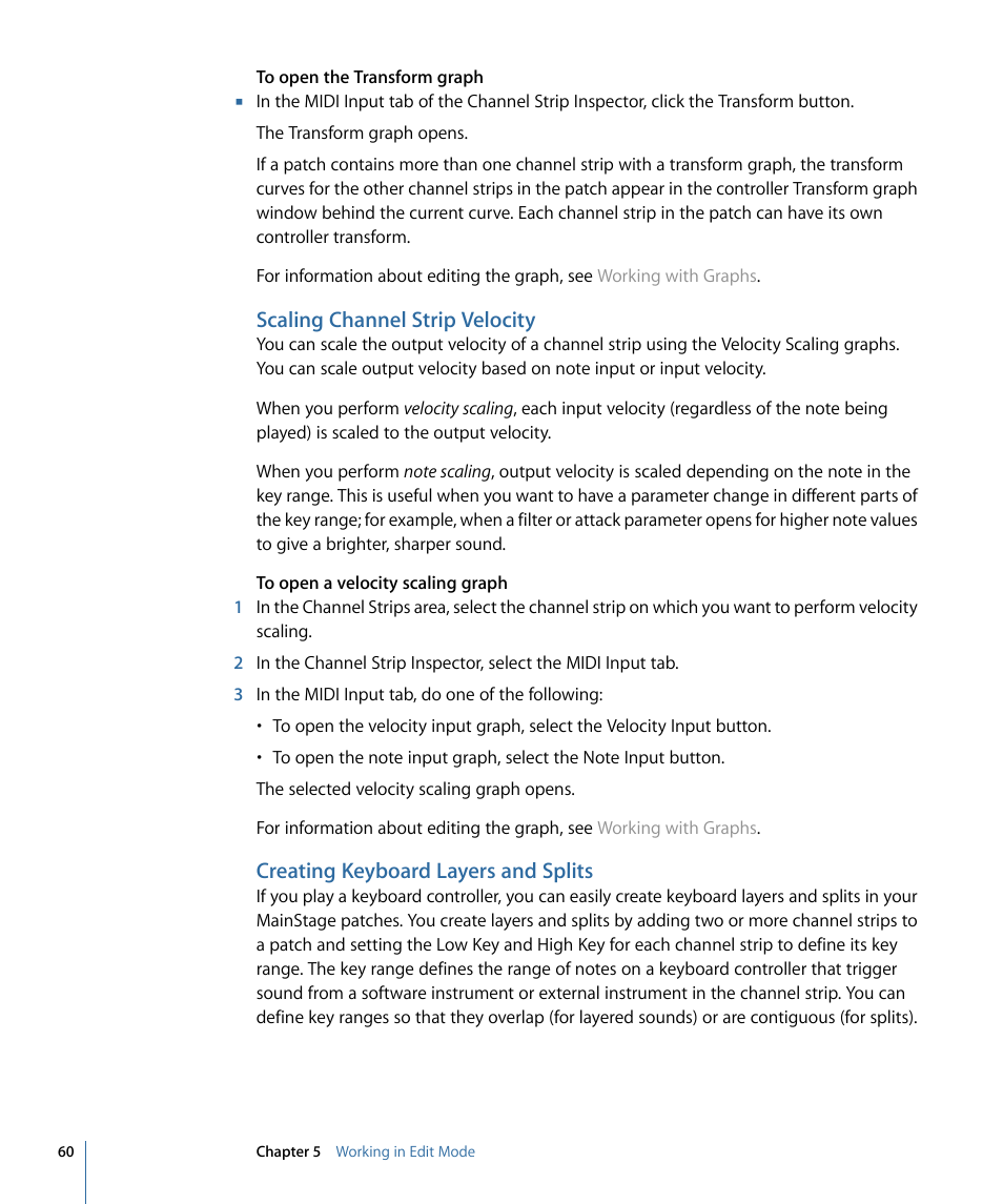 Scaling channel strip velocity, Creating keyboard layers and splits, Scaling channel strip | Velocity | Apple MainStage 2 User Manual | Page 60 / 172