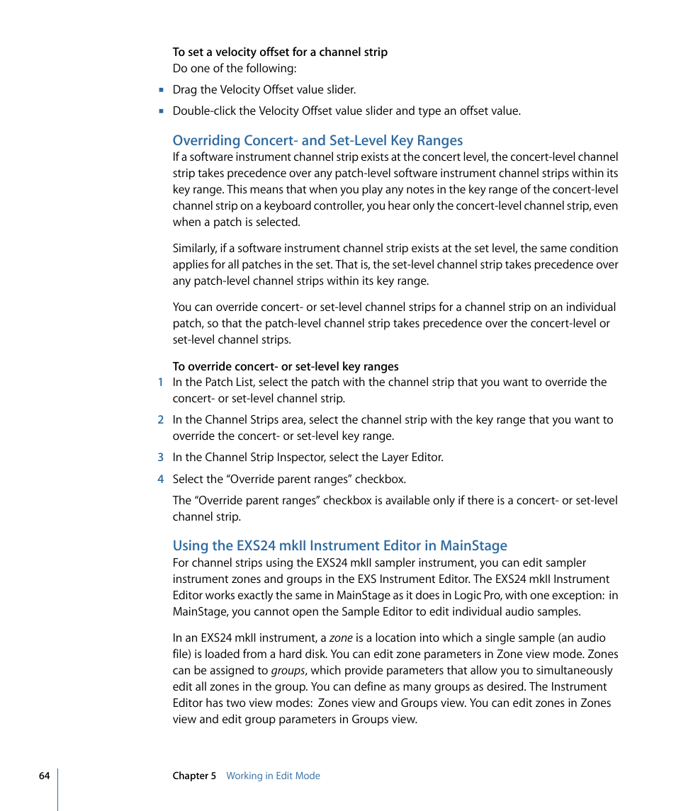 Overriding concert- and set-level key ranges | Apple MainStage 2 User Manual | Page 64 / 172