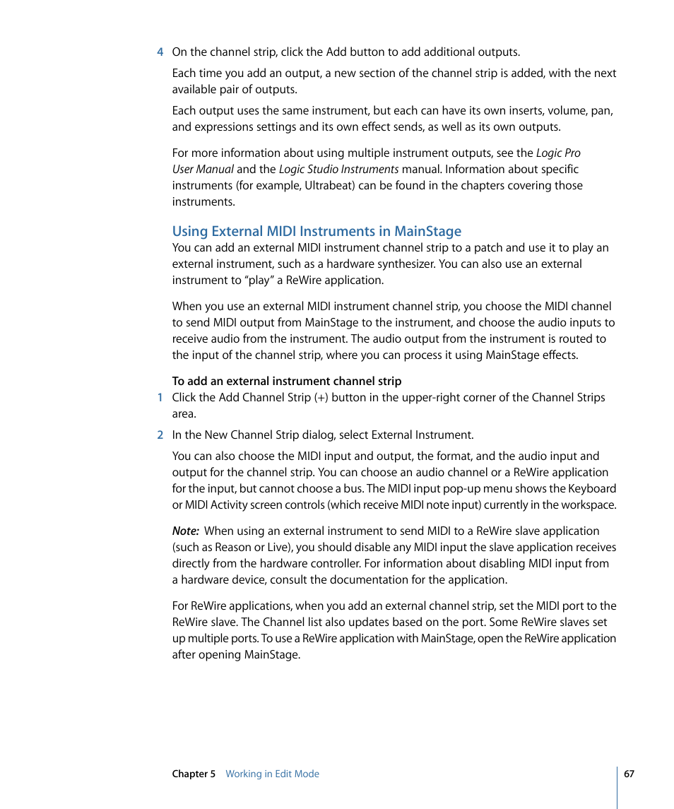 Using external midi instruments in mainstage | Apple MainStage 2 User Manual | Page 67 / 172