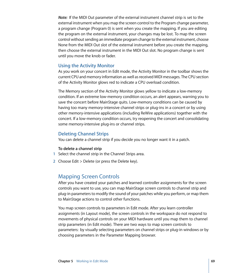 Using the activity monitor, Deleting channel strips, Mapping screen controls | Apple MainStage 2 User Manual | Page 69 / 172