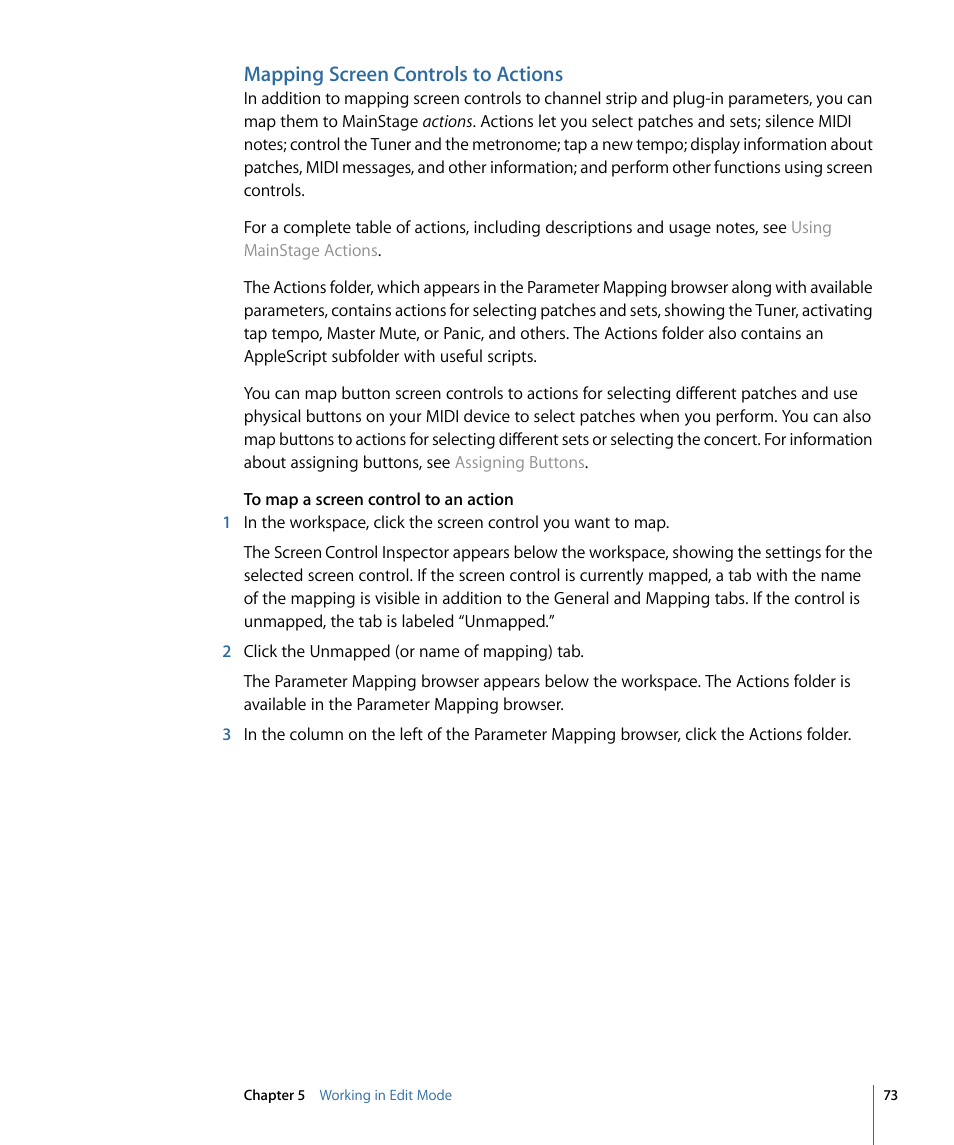 Mapping screen controls to actions | Apple MainStage 2 User Manual | Page 73 / 172