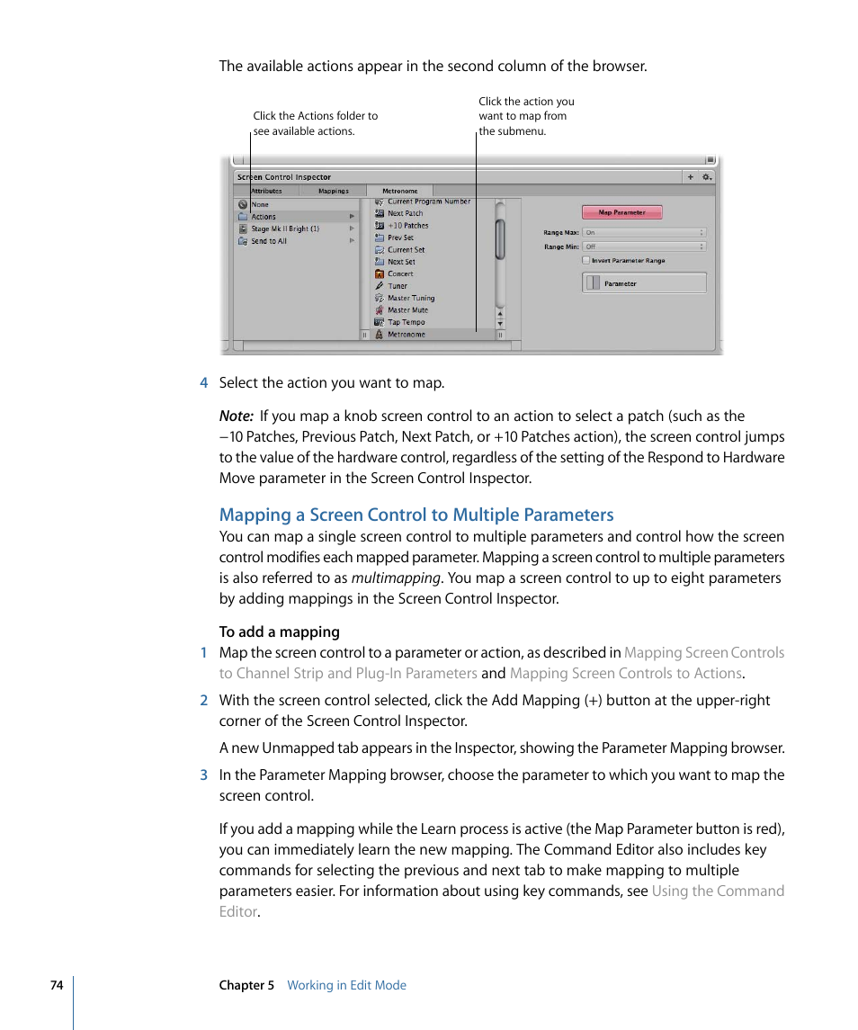 Mapping a screen control to multiple parameters | Apple MainStage 2 User Manual | Page 74 / 172