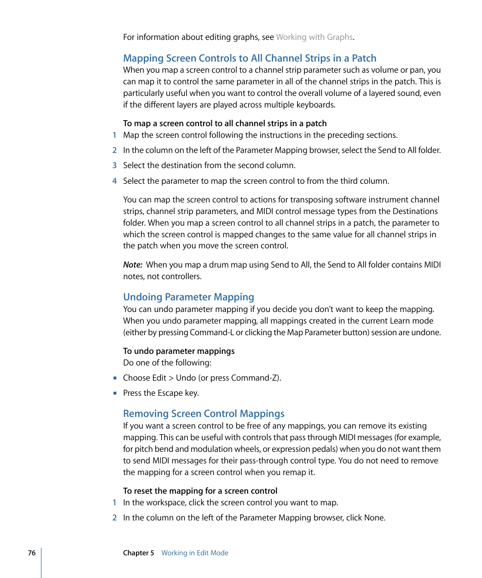 Undoing parameter mapping, Removing screen control mappings | Apple MainStage 2 User Manual | Page 76 / 172
