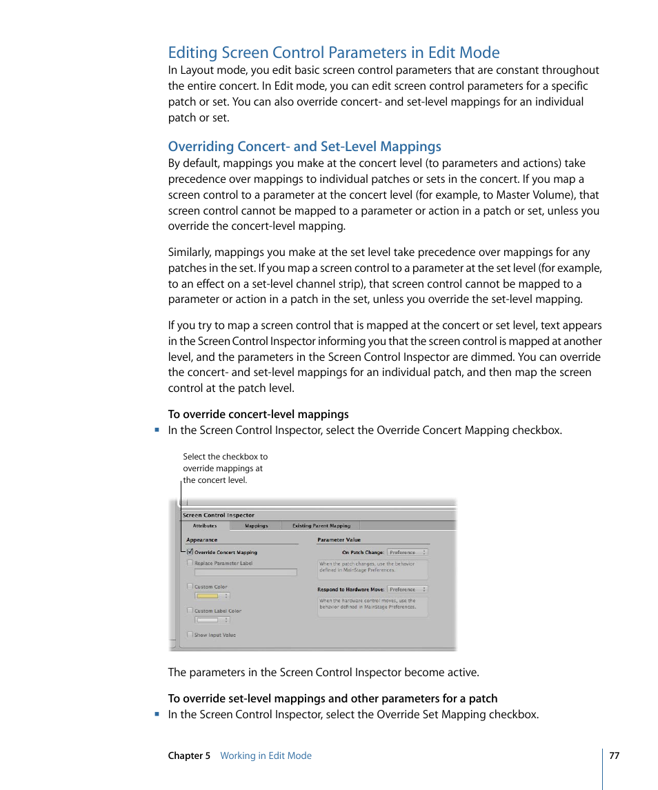 Editing screen control parameters in edit mode, Overriding concert- and set-level mappings | Apple MainStage 2 User Manual | Page 77 / 172