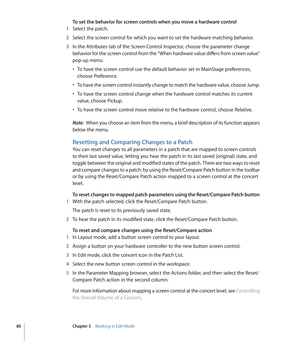 Resetting and comparing changes to a patch | Apple MainStage 2 User Manual | Page 80 / 172