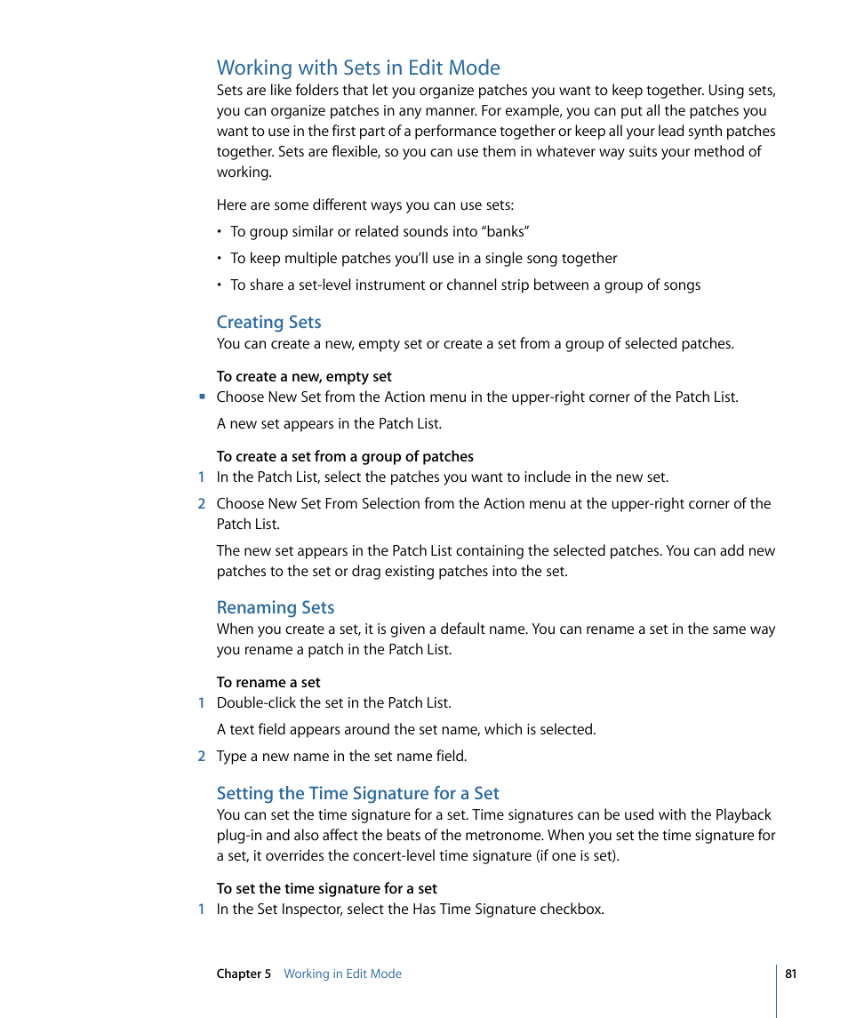 Working with sets in edit mode, Creating sets, Renaming sets | Setting the time signature for a set | Apple MainStage 2 User Manual | Page 81 / 172