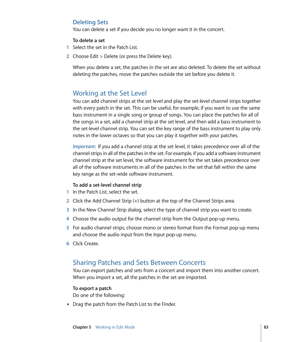 Deleting sets, Working at the set level, Sharing patches and sets between concerts | Apple MainStage 2 User Manual | Page 83 / 172