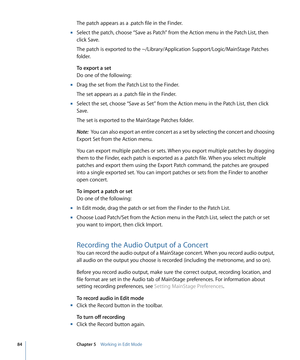 Recording the audio output of a concert | Apple MainStage 2 User Manual | Page 84 / 172