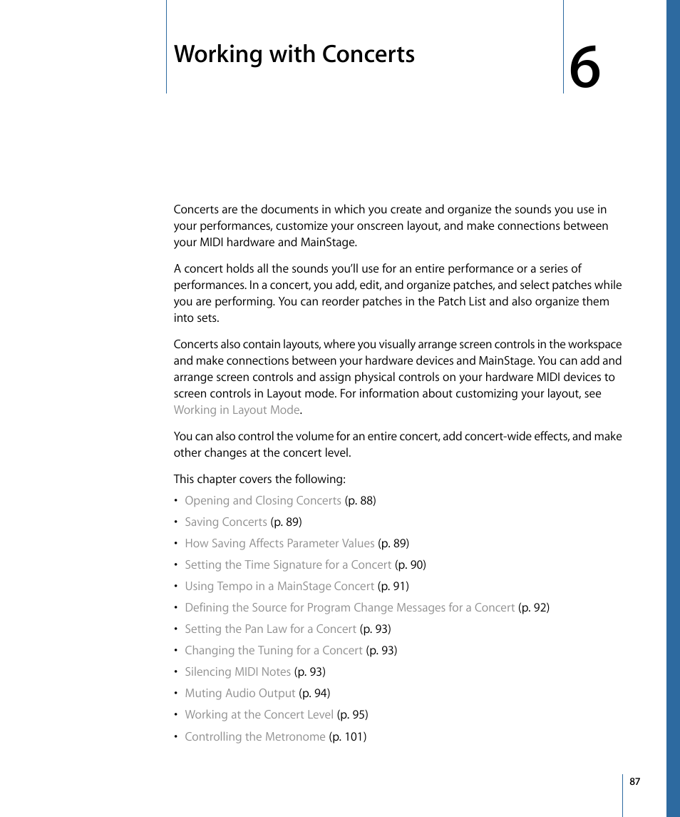 Working with concerts, Working with, Concerts | Apple MainStage 2 User Manual | Page 87 / 172