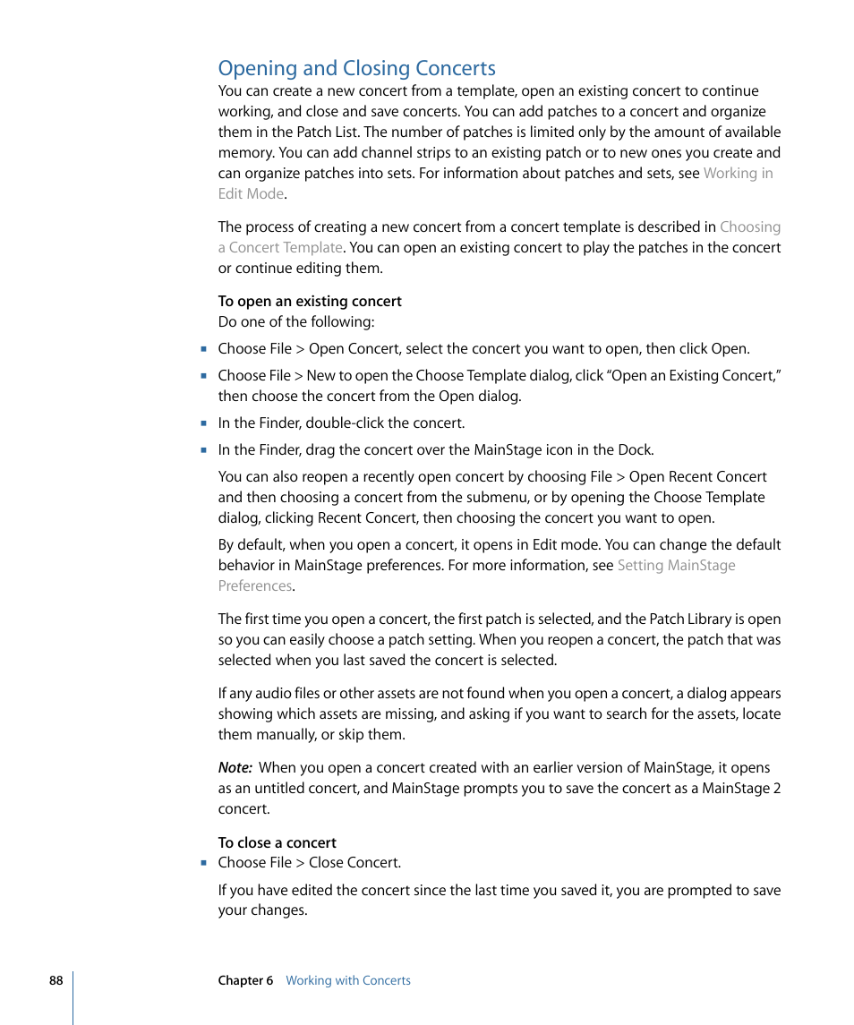 Opening and closing concerts | Apple MainStage 2 User Manual | Page 88 / 172