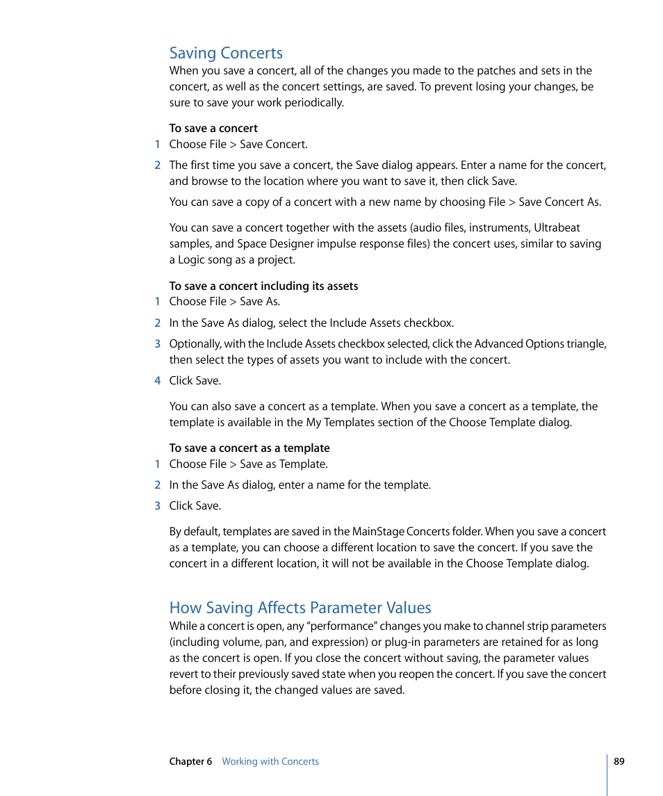Saving concerts, How saving affects parameter values | Apple MainStage 2 User Manual | Page 89 / 172