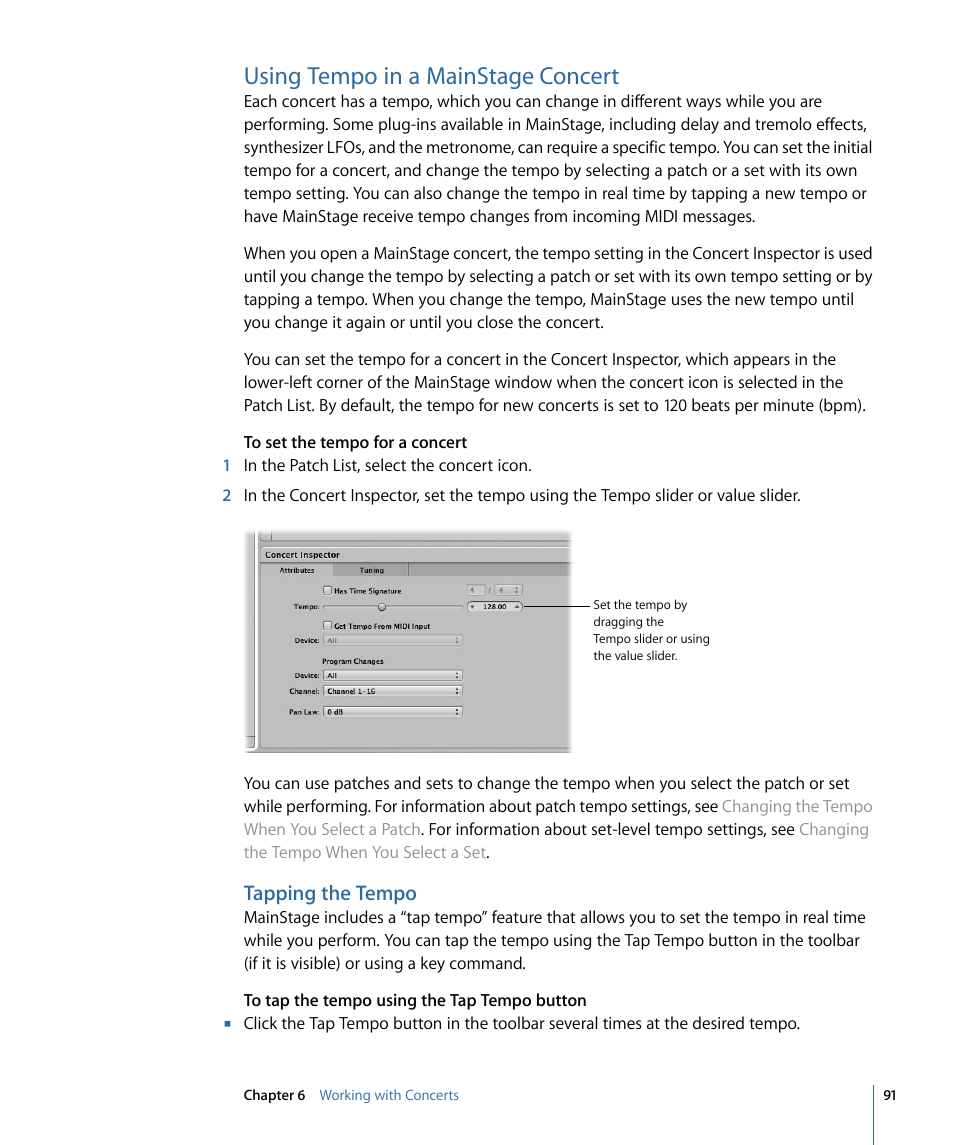 Using tempo in a mainstage concert, Tapping the tempo | Apple MainStage 2 User Manual | Page 91 / 172