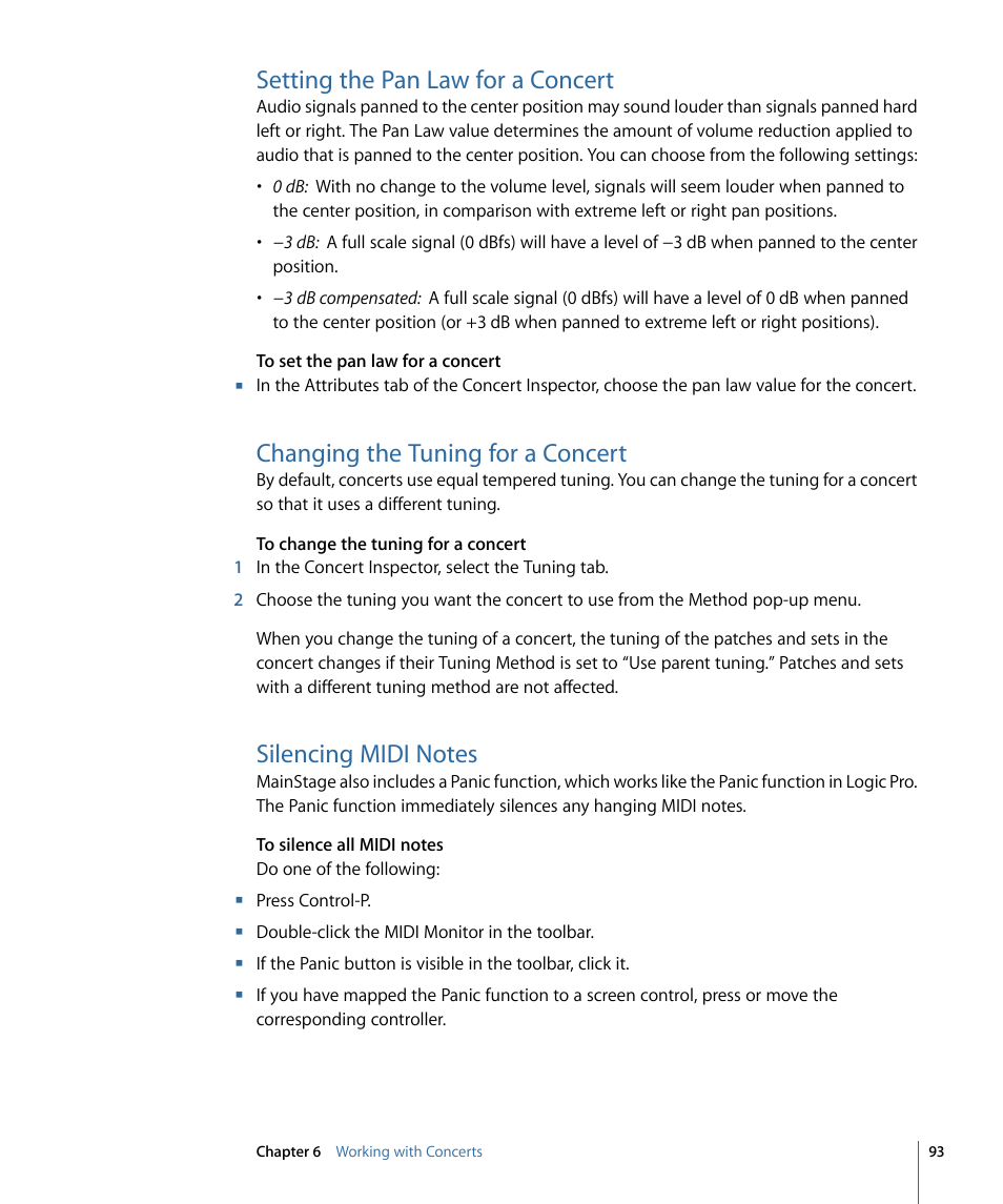 Setting the pan law for a concert, Changing the tuning for a concert, Silencing midi notes | Apple MainStage 2 User Manual | Page 93 / 172
