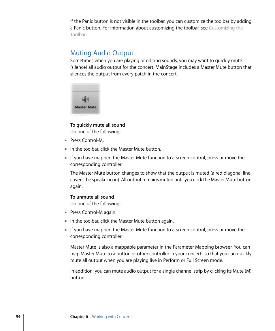 Muting audio output | Apple MainStage 2 User Manual | Page 94 / 172