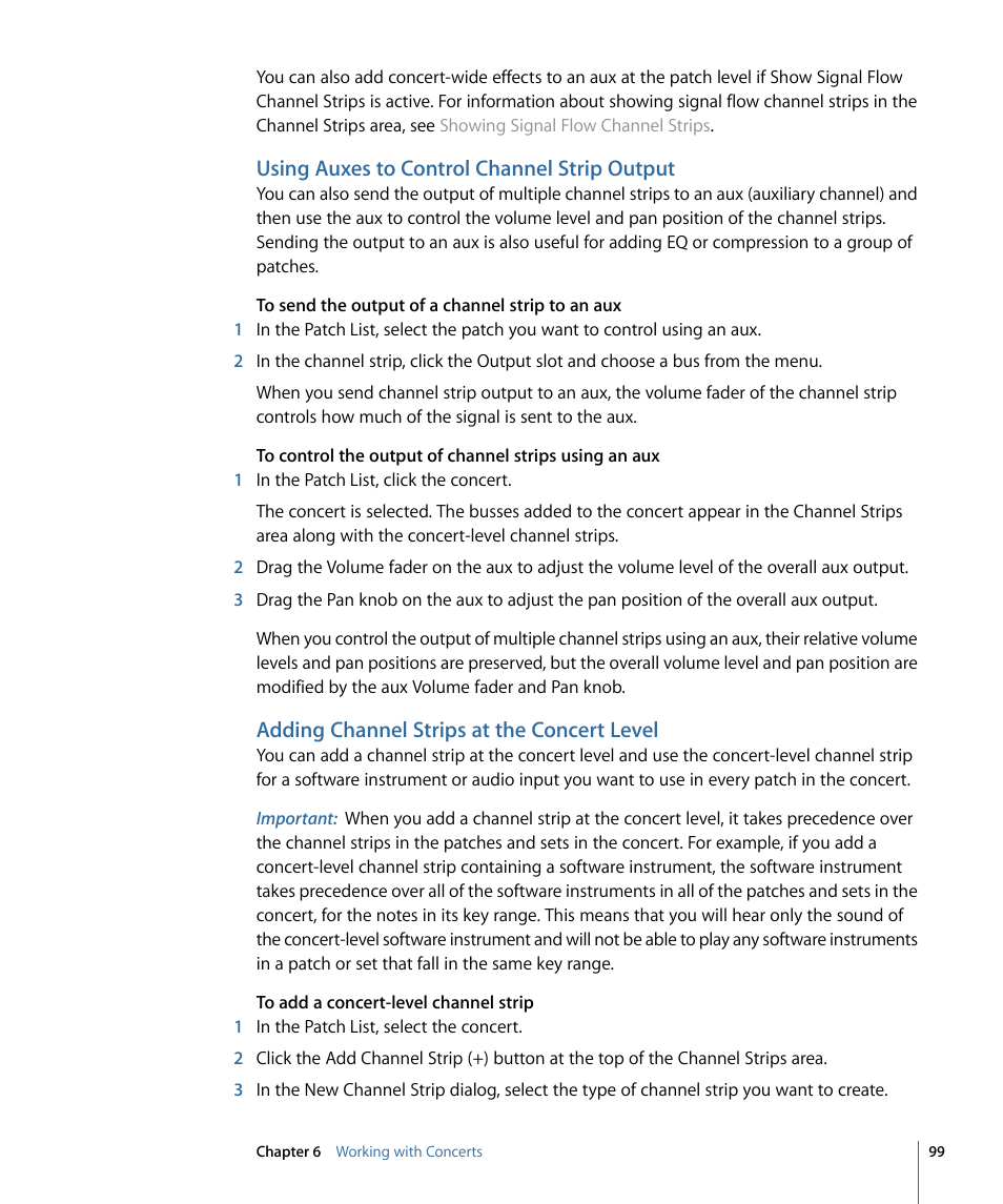 Using auxes to control channel strip output, Adding channel strips at the concert level | Apple MainStage 2 User Manual | Page 99 / 172