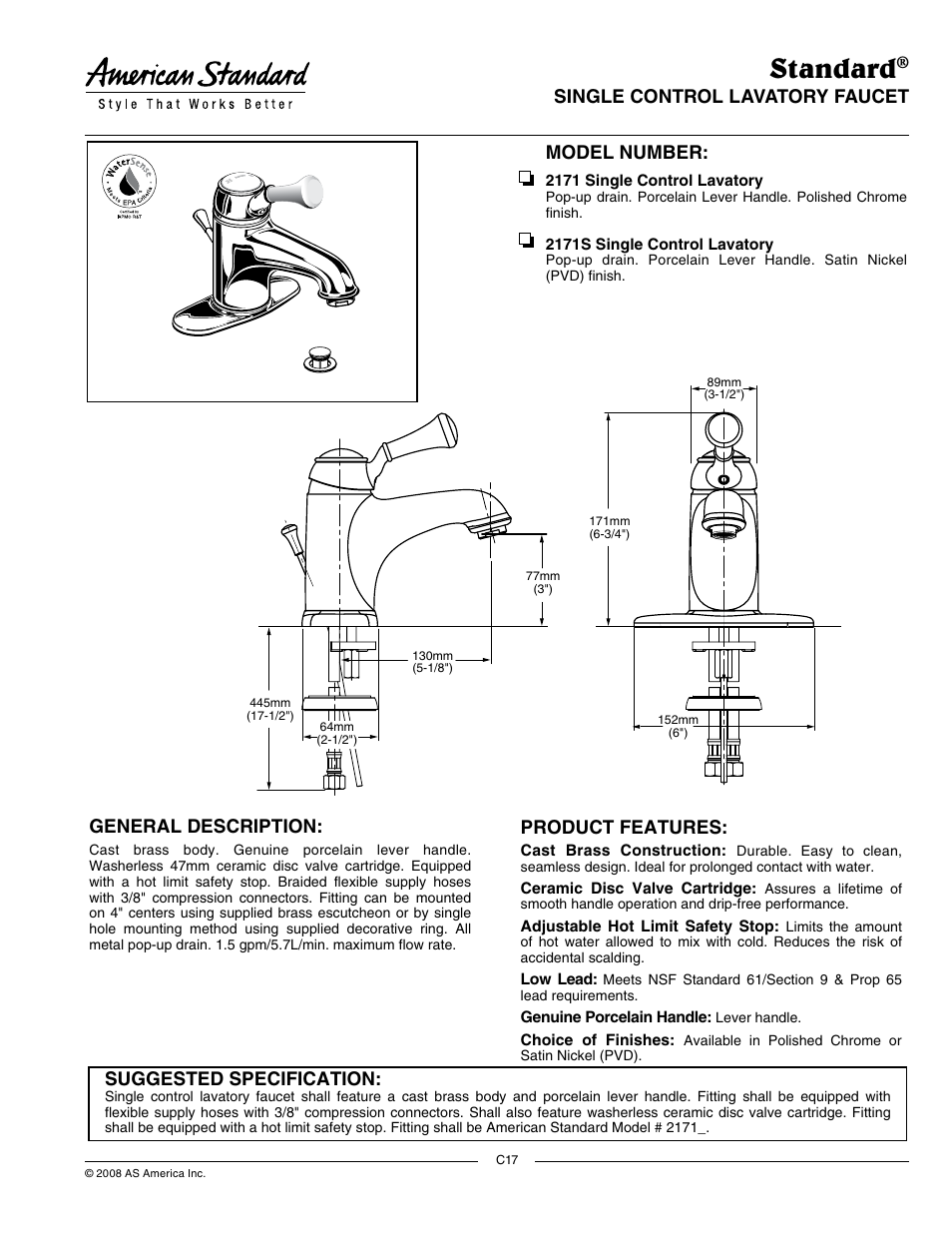 American Standard 2171 User Manual | 2 pages