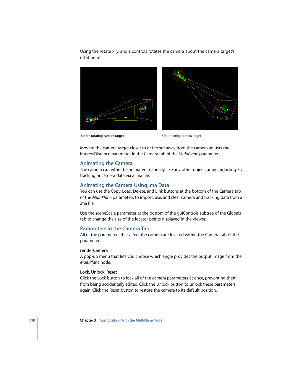 Animating the camera, Animating the camera using .ma data, Parameters in the camera tab | Apple Shake 4 New Features User Manual | Page 110 / 114