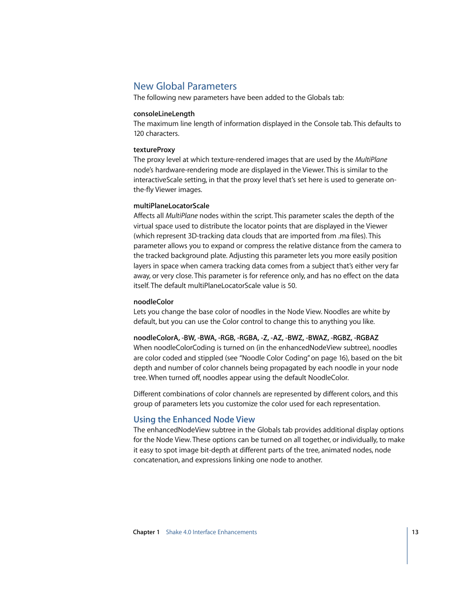 New global parameters, Using the enhanced node view | Apple Shake 4 New Features User Manual | Page 13 / 114