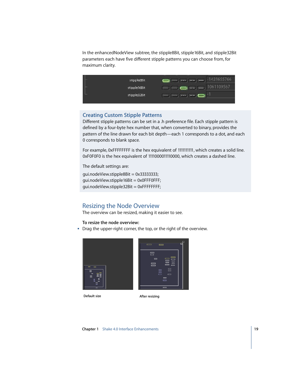 Creating custom stipple patterns, Resizing the node overview | Apple Shake 4 New Features User Manual | Page 19 / 114