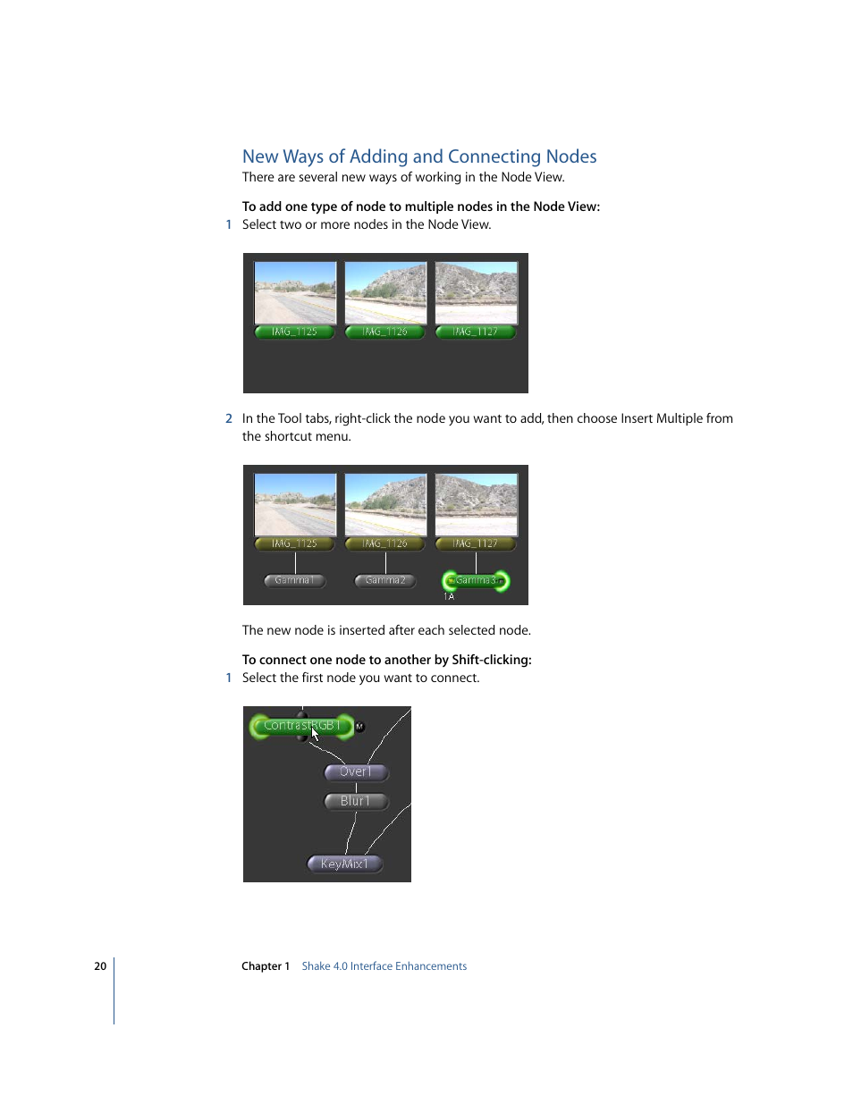 New ways of adding and connecting nodes | Apple Shake 4 New Features User Manual | Page 20 / 114