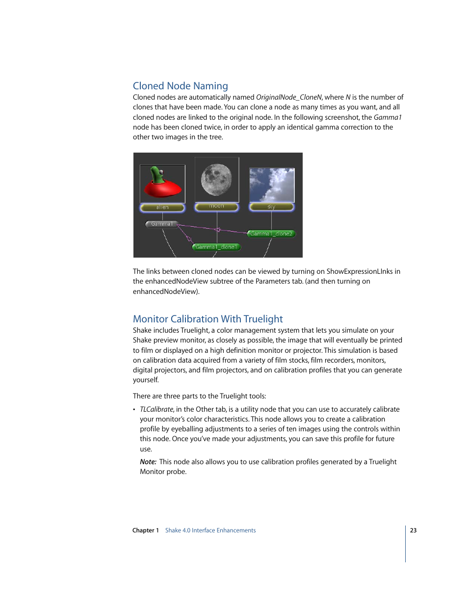 Cloned node naming, Monitor calibration with truelight | Apple Shake 4 New Features User Manual | Page 23 / 114
