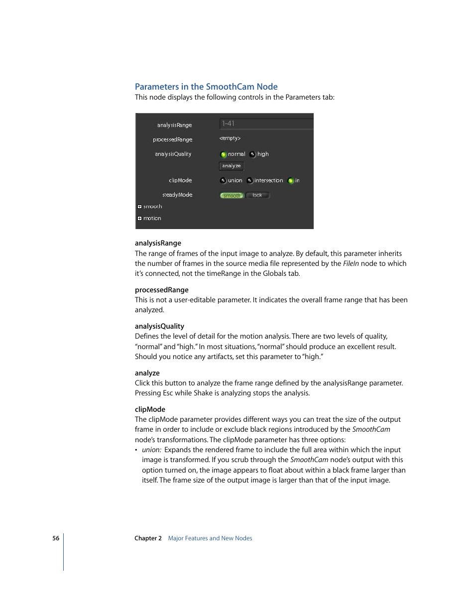 Parameters in the smoothcam node | Apple Shake 4 New Features User Manual | Page 56 / 114
