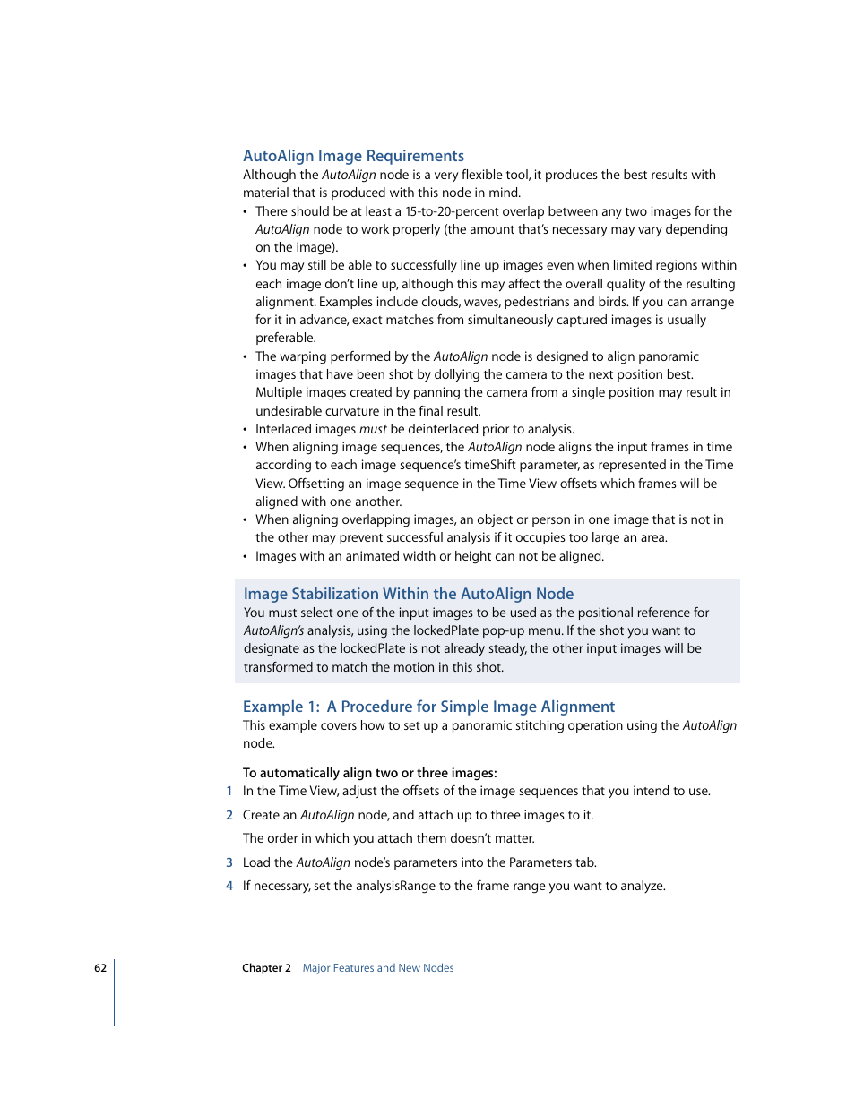 Autoalign image requirements, Image stabilization within the autoalign node, Example 1:a procedure for simple image alignment | Apple Shake 4 New Features User Manual | Page 62 / 114