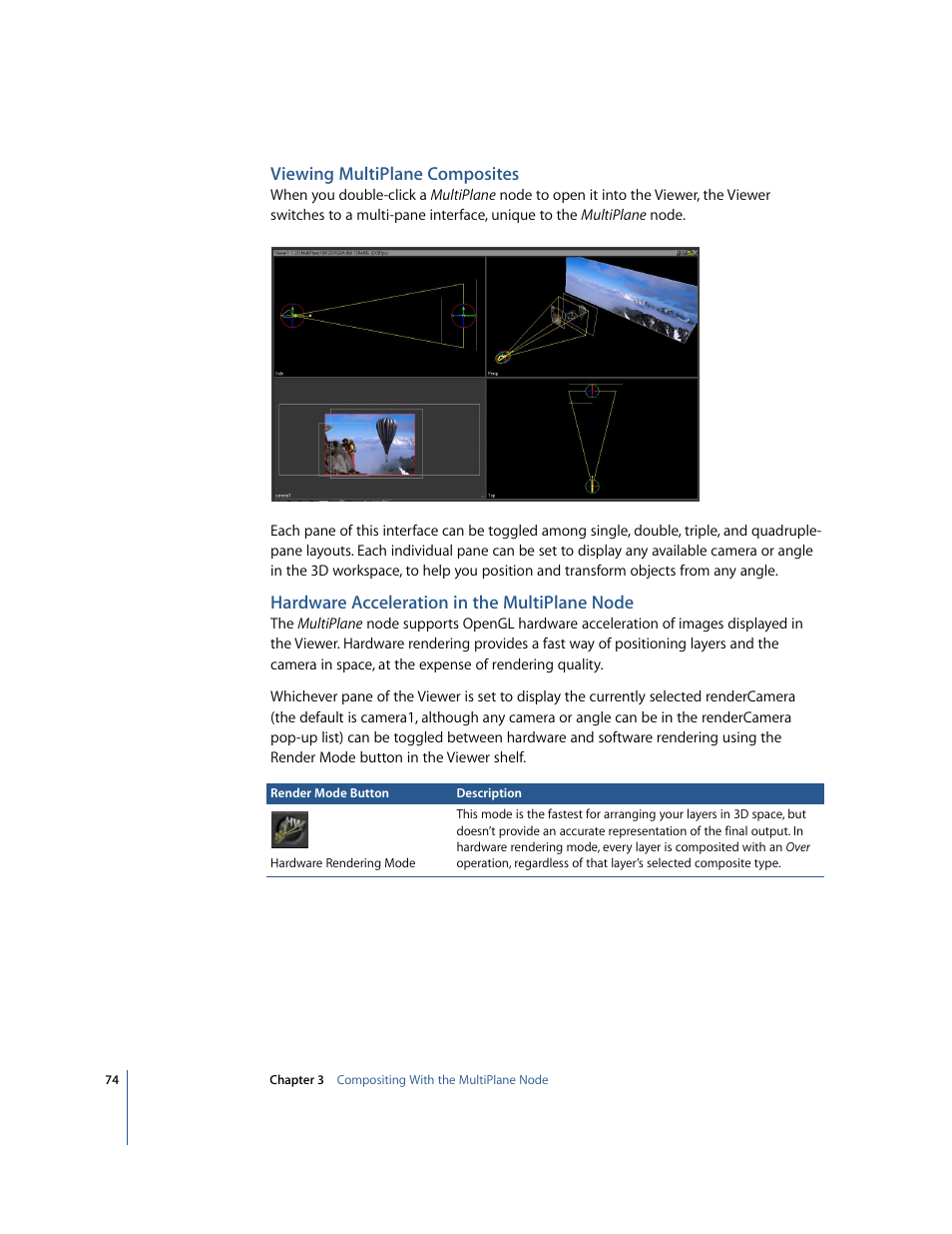 Viewing multiplane composites, Hardware acceleration in the multiplane node | Apple Shake 4 New Features User Manual | Page 74 / 114