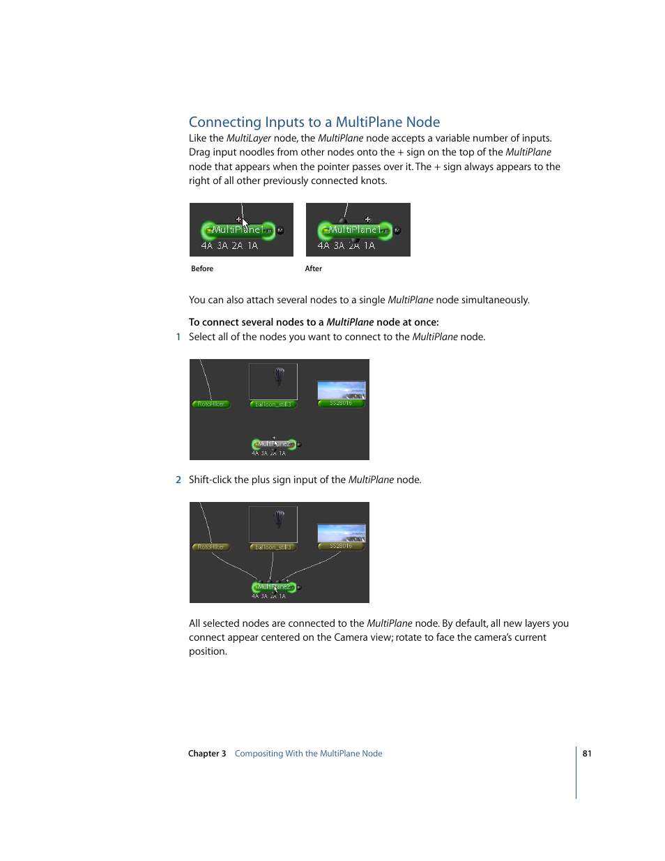Connecting inputs to a multiplane node | Apple Shake 4 New Features User Manual | Page 81 / 114