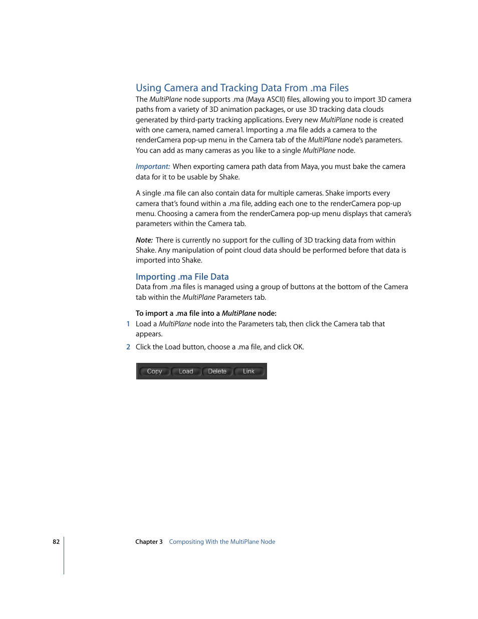 Using camera and tracking data from .ma files, Importing .ma file data | Apple Shake 4 New Features User Manual | Page 82 / 114