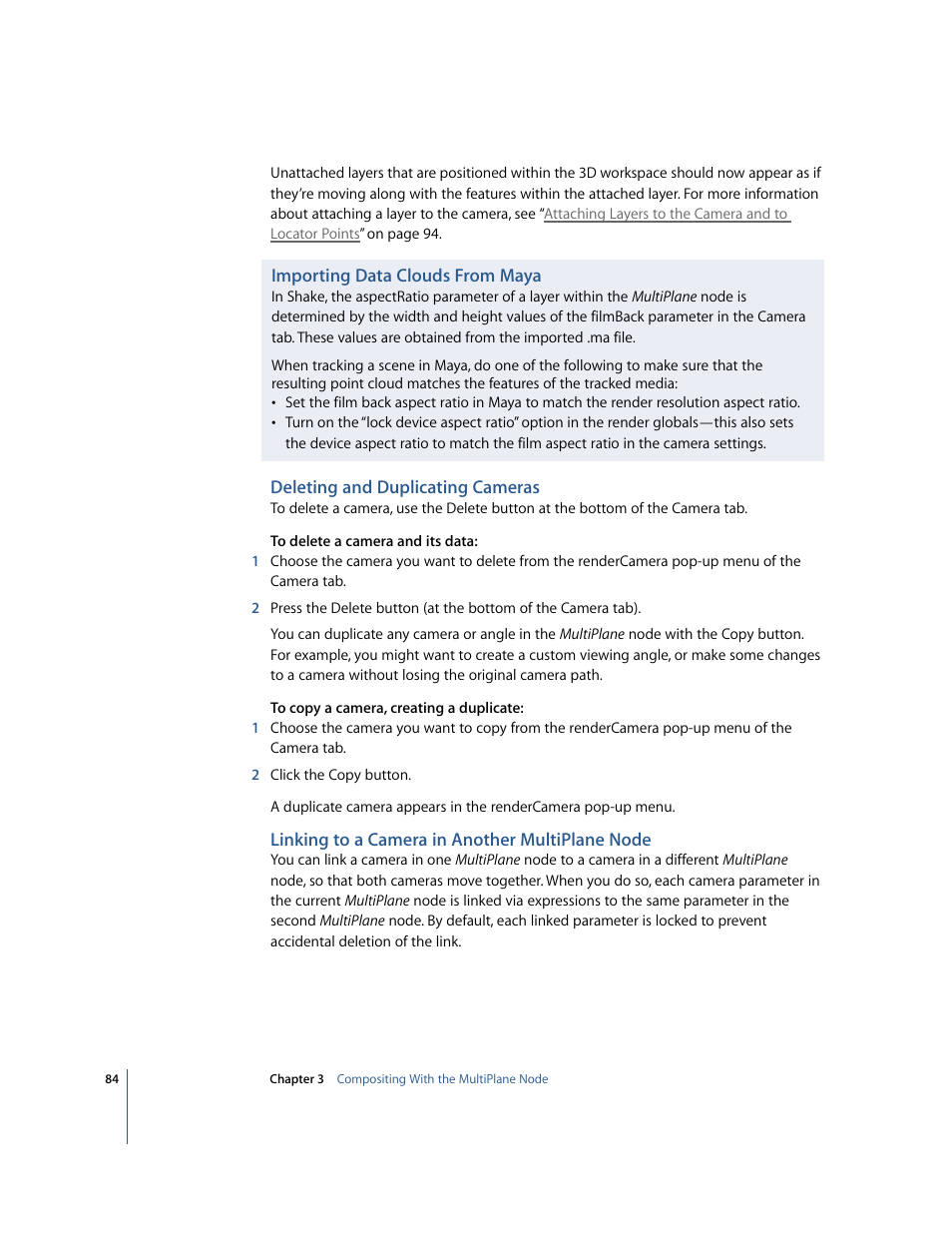 Importing data clouds from maya, Deleting and duplicating cameras, Linking to a camera in another multiplane node | Apple Shake 4 New Features User Manual | Page 84 / 114