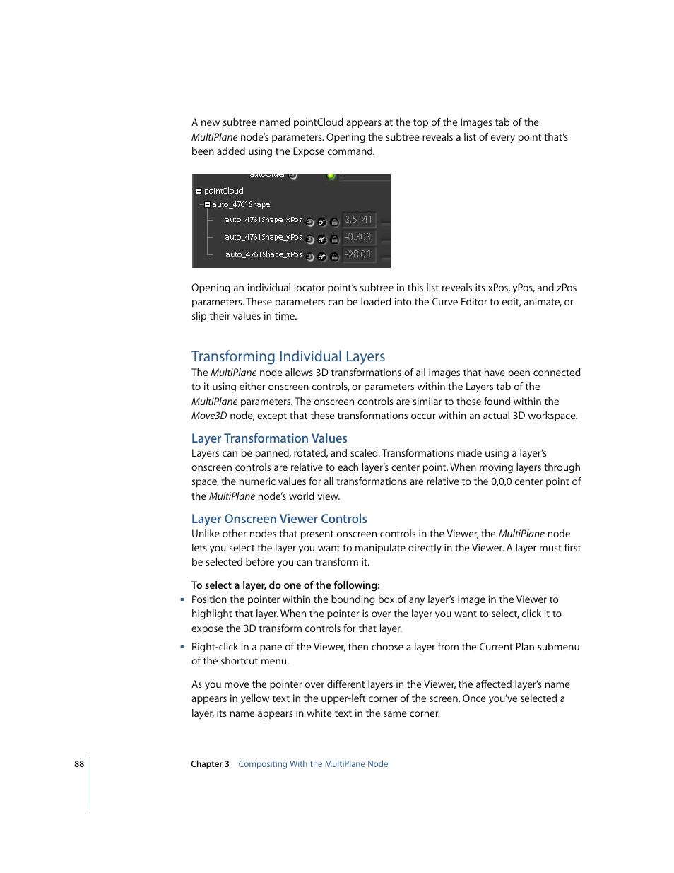 Transforming individual layers, Layer transformation values, Layer onscreen viewer controls | Apple Shake 4 New Features User Manual | Page 88 / 114