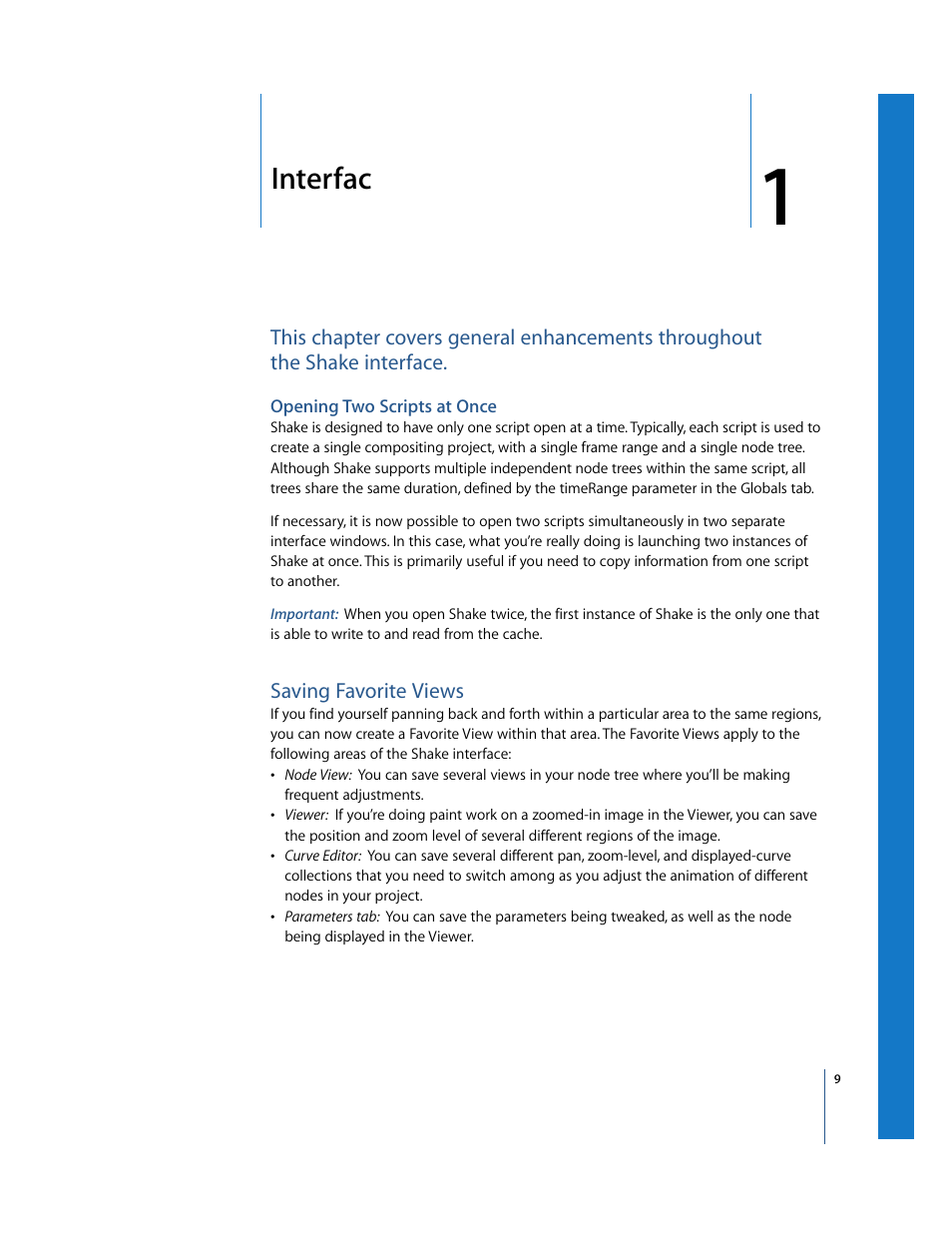 Interface enhancements, Opening two scripts at once, Saving favorite views | Chapter, Interfac e enhancements | Apple Shake 4 New Features User Manual | Page 9 / 114
