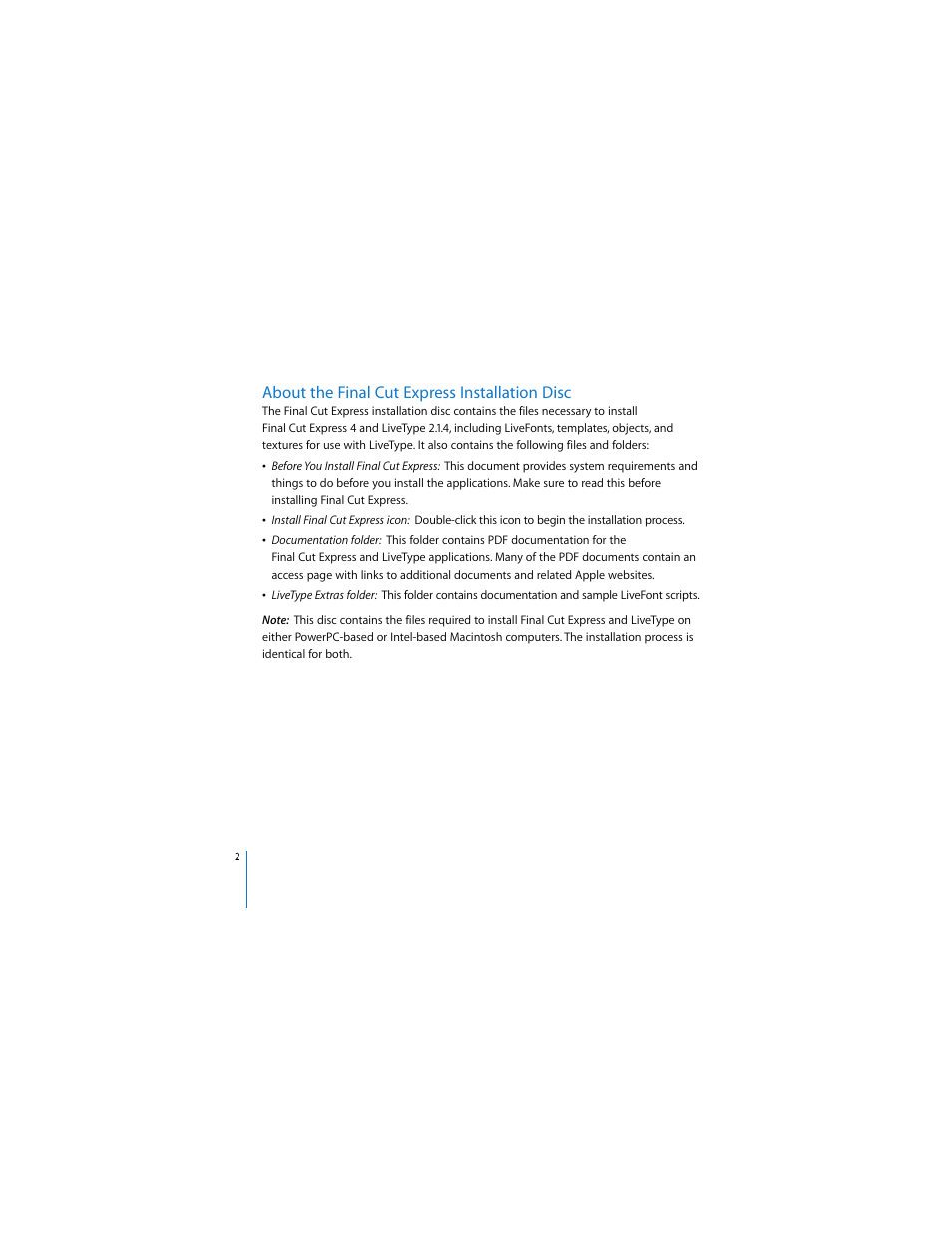 About the finalcutexpress installation disc, About the final cut express installation disc, P. 2) | Apple Installing Final Cut Express 4 User Manual | Page 2 / 10