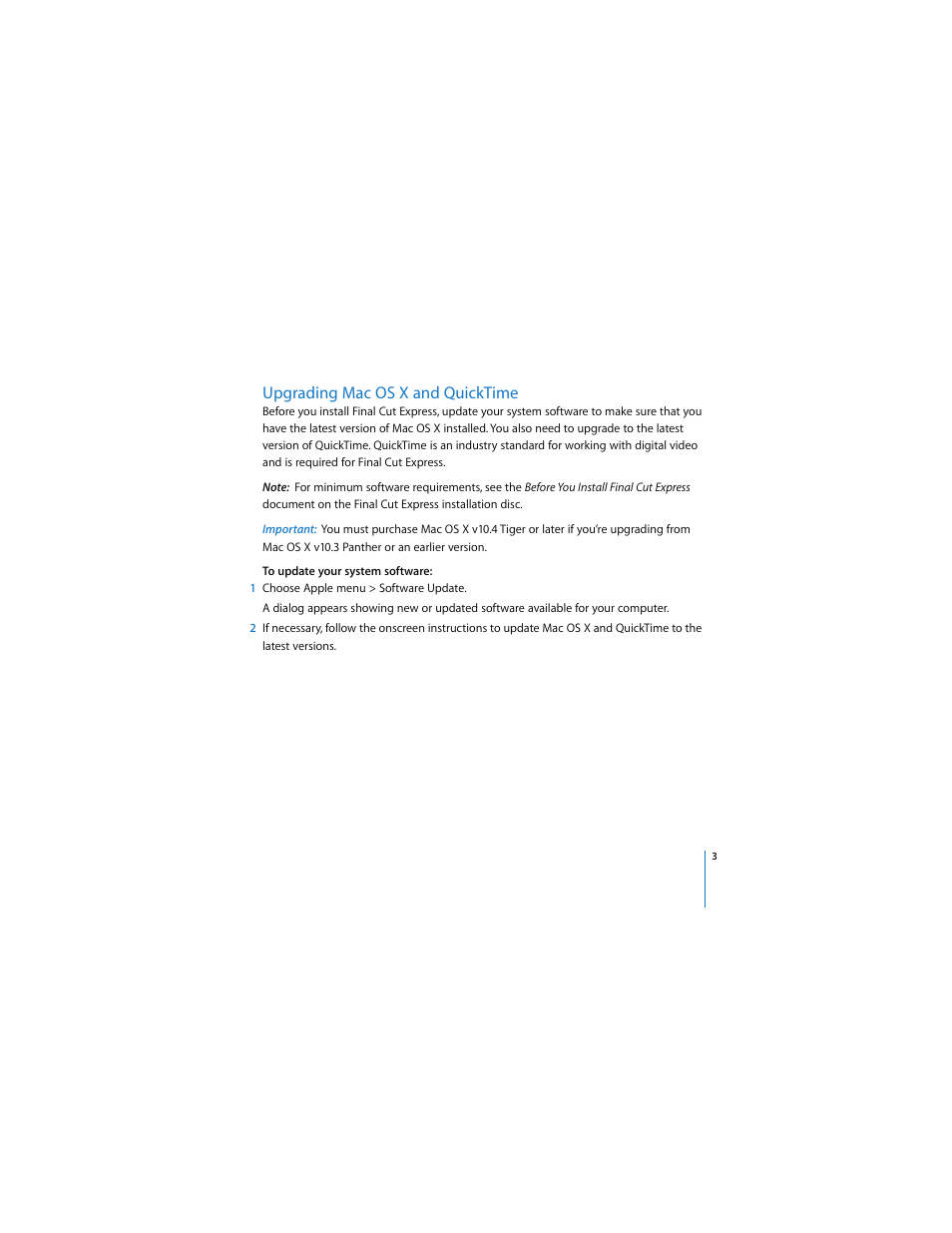 Upgrading macosx and quicktime, Upgrading mac os x and quicktime, P. 3) | Apple Installing Final Cut Express 4 User Manual | Page 3 / 10