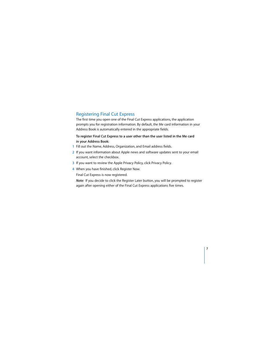 Registering finalcutexpress, Registering final cut express, P. 7) | Apple Installing Final Cut Express 4 User Manual | Page 7 / 10