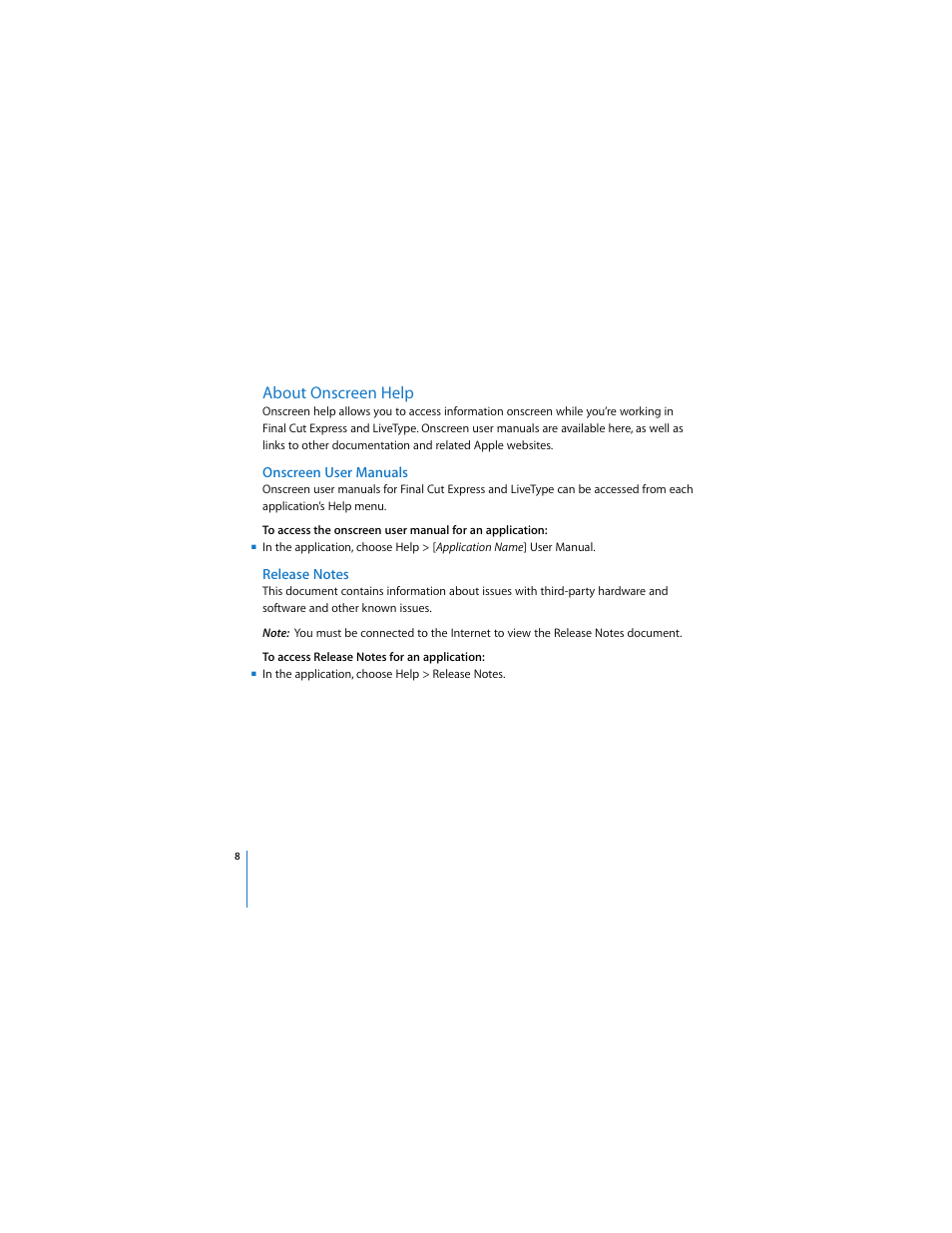 About onscreen help, Onscreen user manuals, Release notes | P. 8) | Apple Installing Final Cut Express 4 User Manual | Page 8 / 10